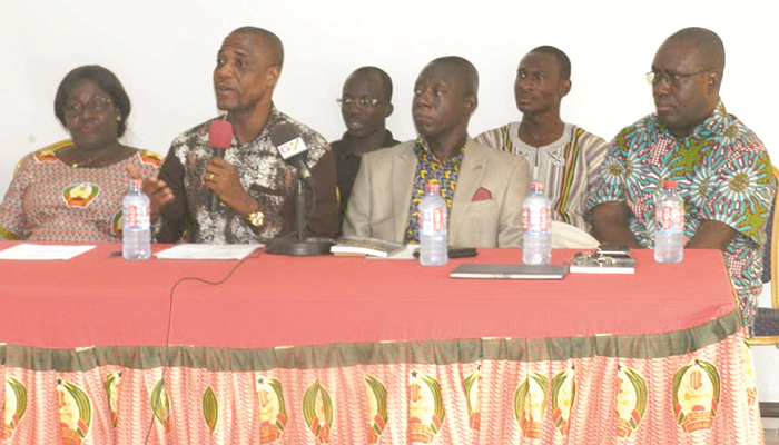    Mr Yeboah addressing TUC members. Seated right is the Secretary General of the TUC, Dr Anthony Yaw Baah, and other officials of the TUC 